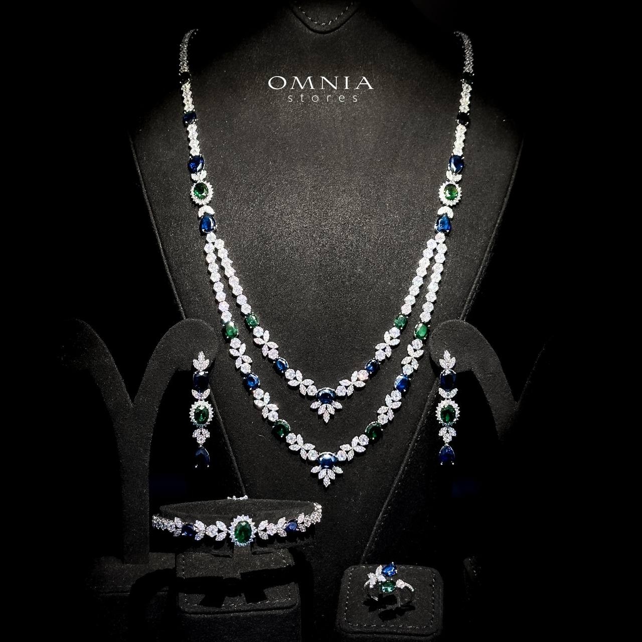 Omnia Jade Blue and Green Bridal Long Chain Set Accessories in High Quality Zircon Stone Rhodium Plated - Image 2