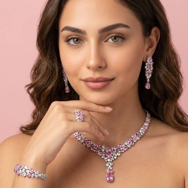 Omnia Reman Pink Full Set in High Quality Zircon Stone in Rhodium Plated - Image 2