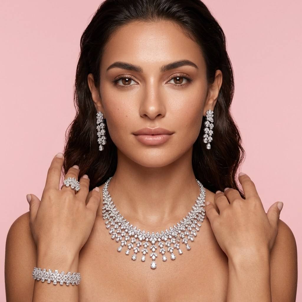 Omnia Reema Pure White Luxury Bridal Full Set in High Quality Zircon Stone Rhodium Plated - Image 3