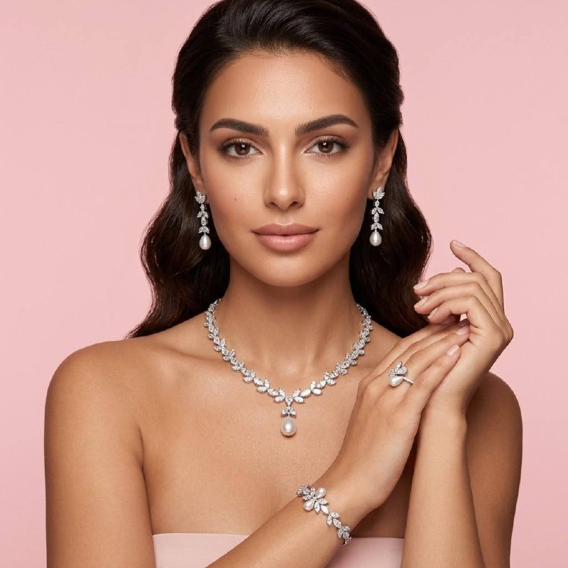 Samah White Pearl Luxury Bridal Full Set in High Quality Zircon Stone in Rhodium Plated - Image 2