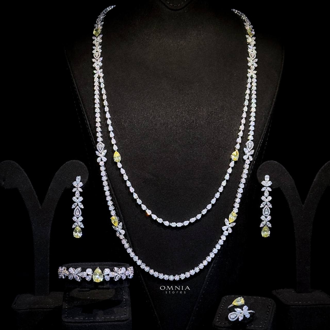 Omnia Yaza Bridal Yellow Long chain Set High Quality Zircon Stone In Rhodium Plated - Image 2
