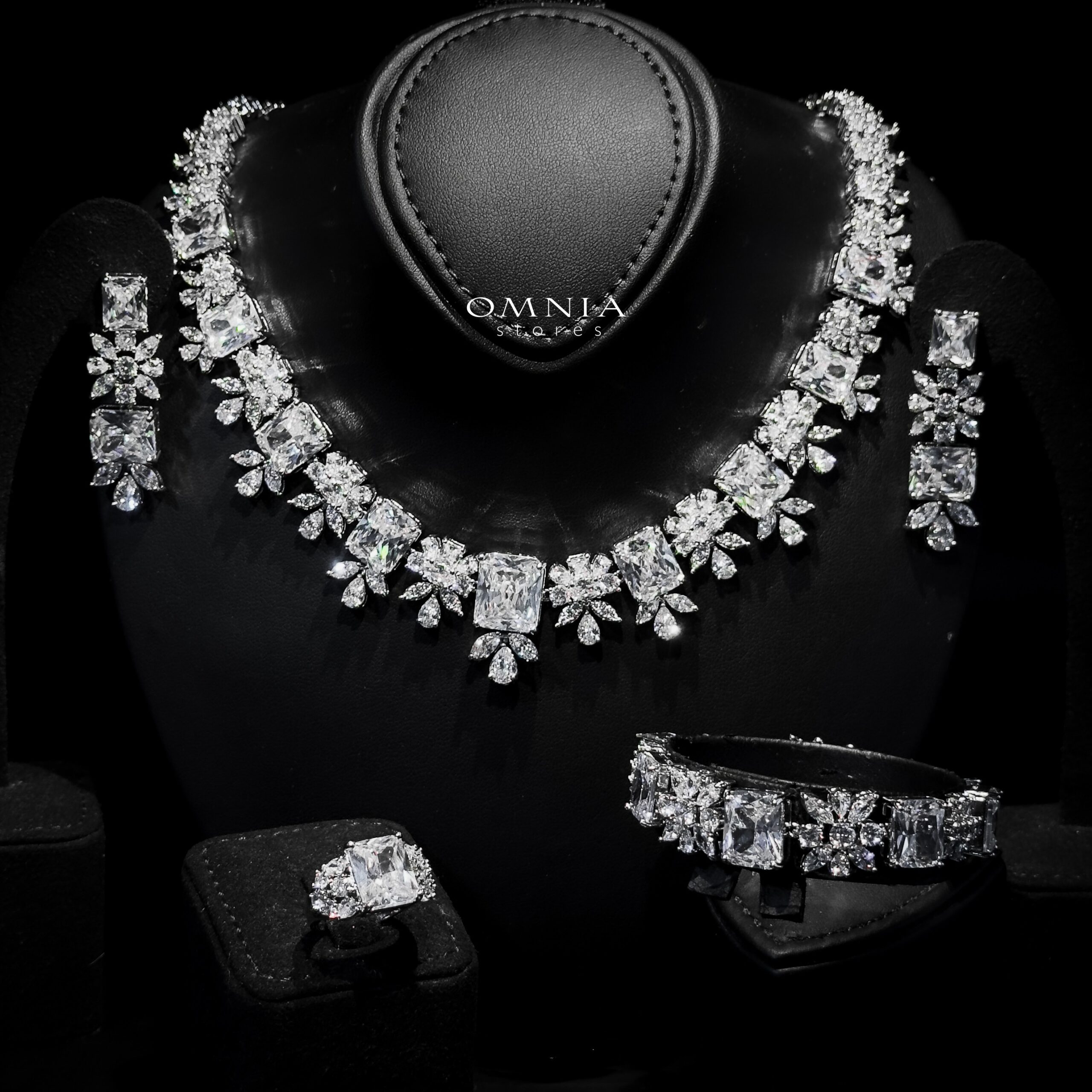 Omnia Charlotte Pure White Bridal Full Set with Emerald and Pear-Cut High-Quality Simulated Diamonds Rhodium Plated