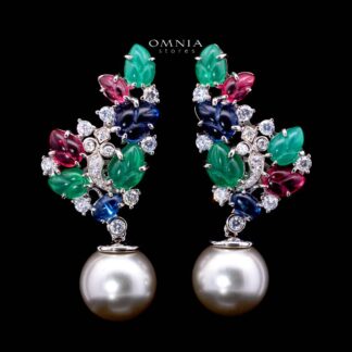 Omnia Leila Multicolor Floral Design Double Pearl Drop Earrings in 925 Silver with High-Quality Simulated Diamonds