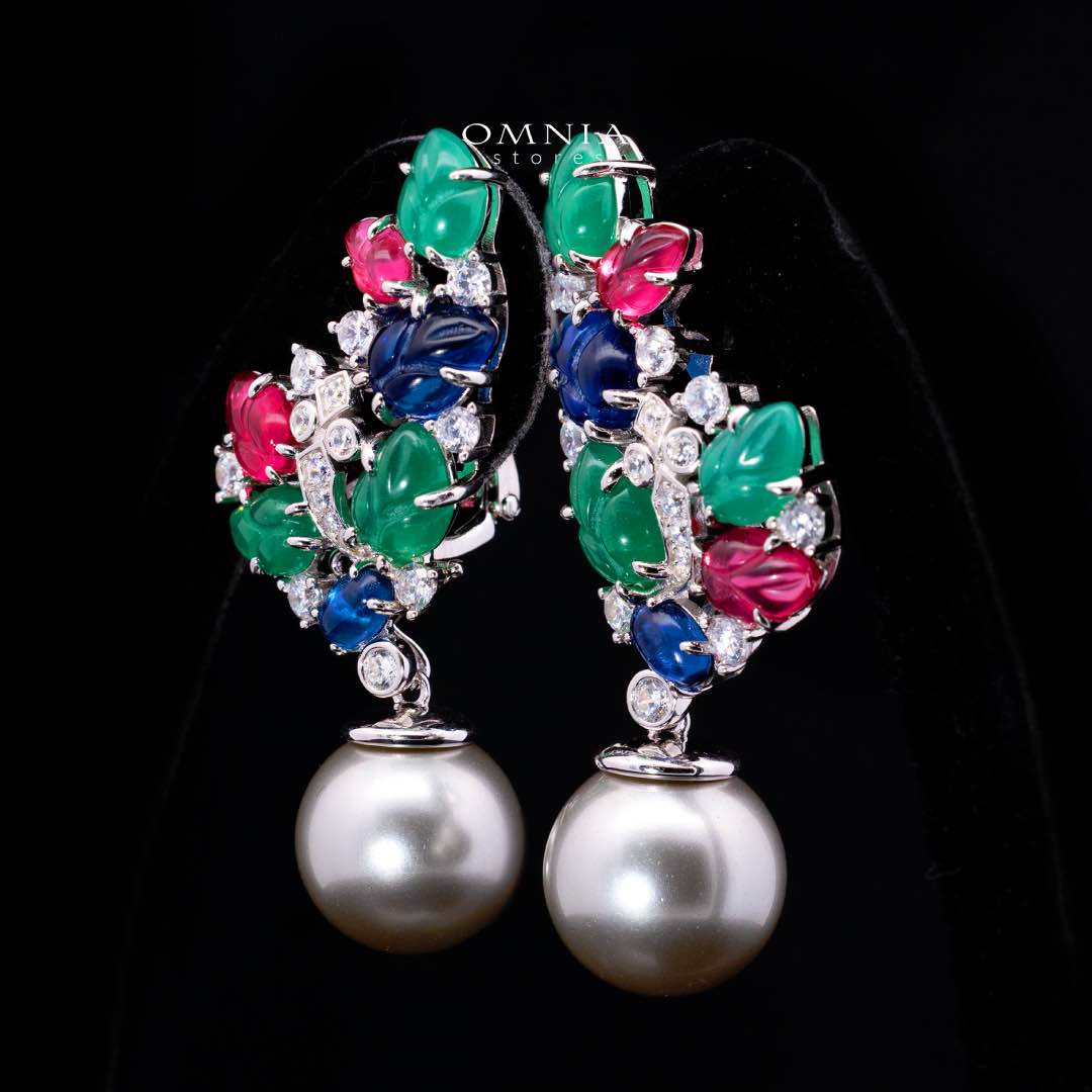 Omnia Leila Multicolor Floral Design Double Pearl Drop Earrings in 925 Silver with High-Quality Simulated Diamonds - Image 2