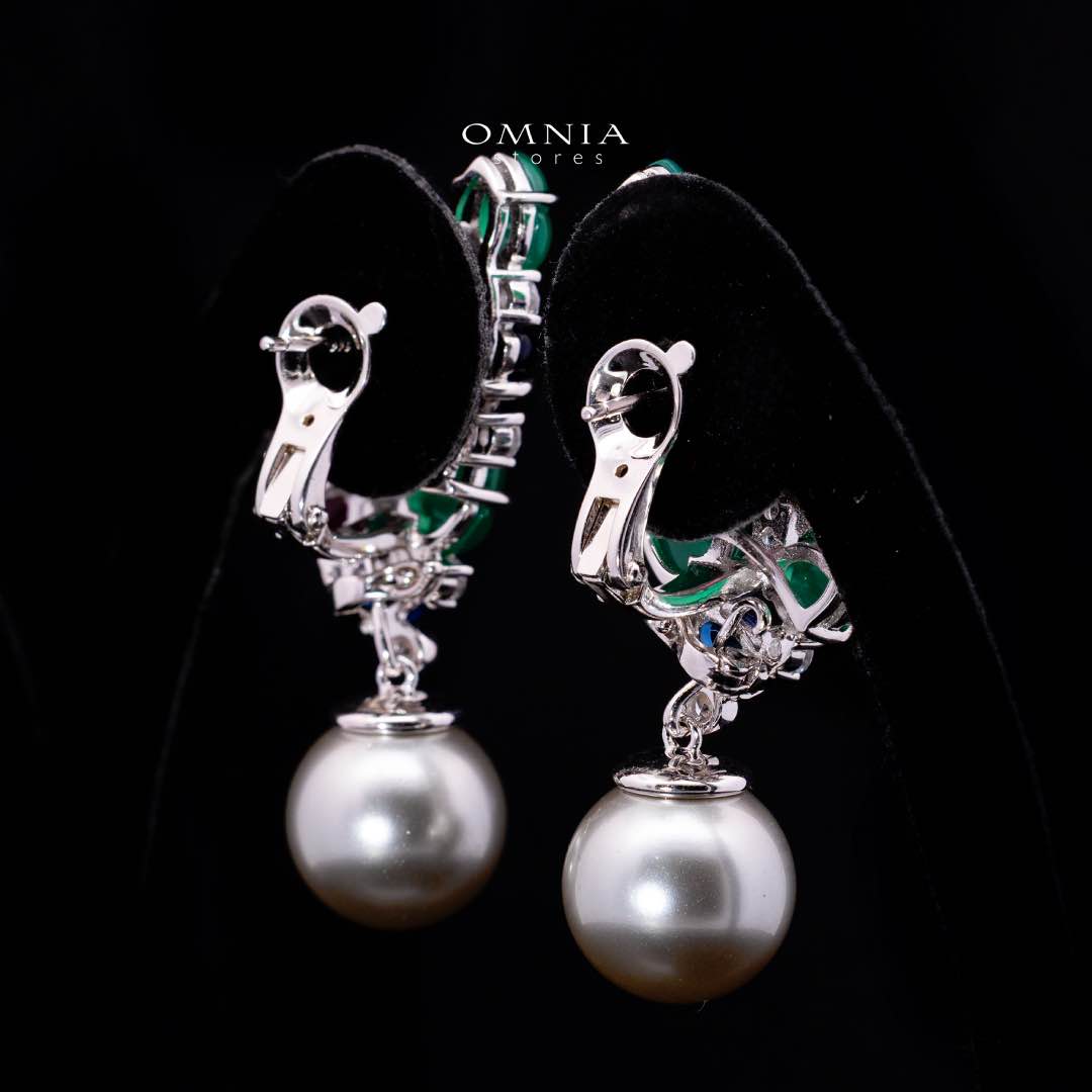 Omnia Leila Multicolor Floral Design Double Pearl Drop Earrings in 925 Silver with High-Quality Simulated Diamonds - Image 3