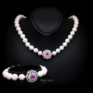 Omnia Ameenah Fresh Real Water Pearl Necklace and Bracelet Set in 92.5 Silver Accessories High Quality Simulated Diamonds