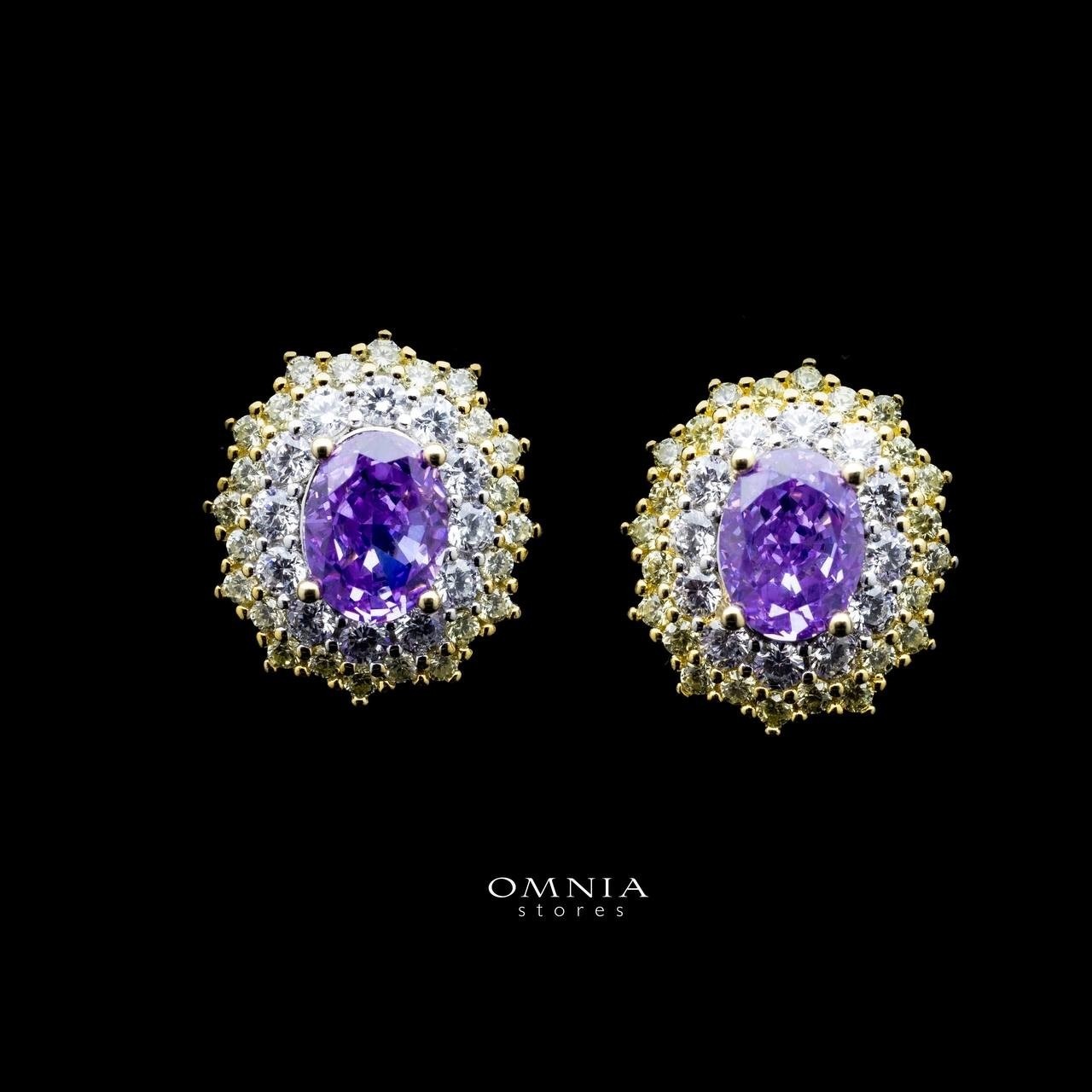 Omnia Faryal Oval Purple Stone Stud Earrings in 925 Silver with High Quality Simulated Diamonds