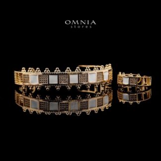 Omnia Noor Gold-Plated Bracelet and Ring Set with White Square-Cut and Round-Cut High-Quality Zircon Stones in Elegant Design