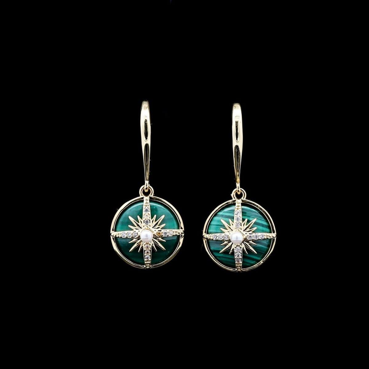 Omnia Afiya Earring in malachite Stone in High Quality Zircon Stone in Rhodium Plated