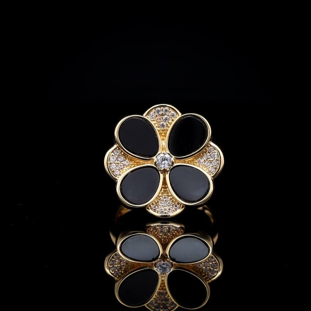 Omnia Hina Ring in Black Agate Stone in High Quality Zircon Stone in Rhodium Plated