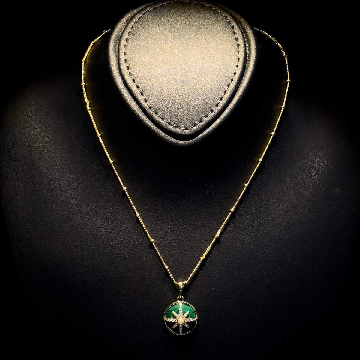 Omnia Afiya Necklace in Malachite Stone in High Quality Zircon Stone in Rhodium Plated - Image 3