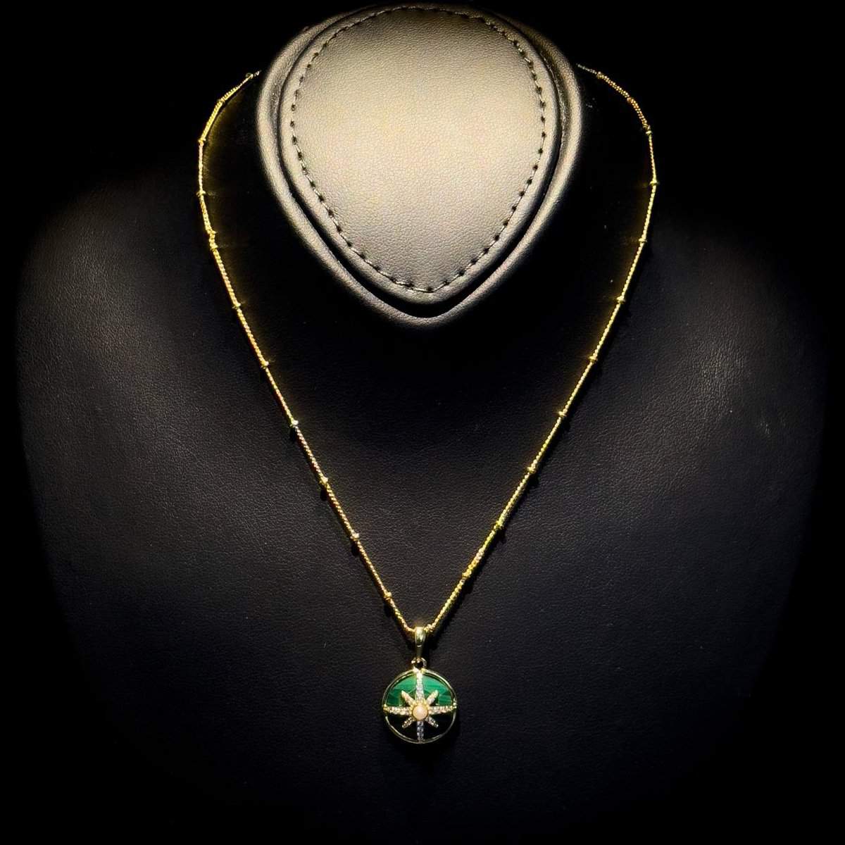 Omnia Afiya Necklace in Malachite Stone in High Quality Zircon Stone in Rhodium Plated - Image 2