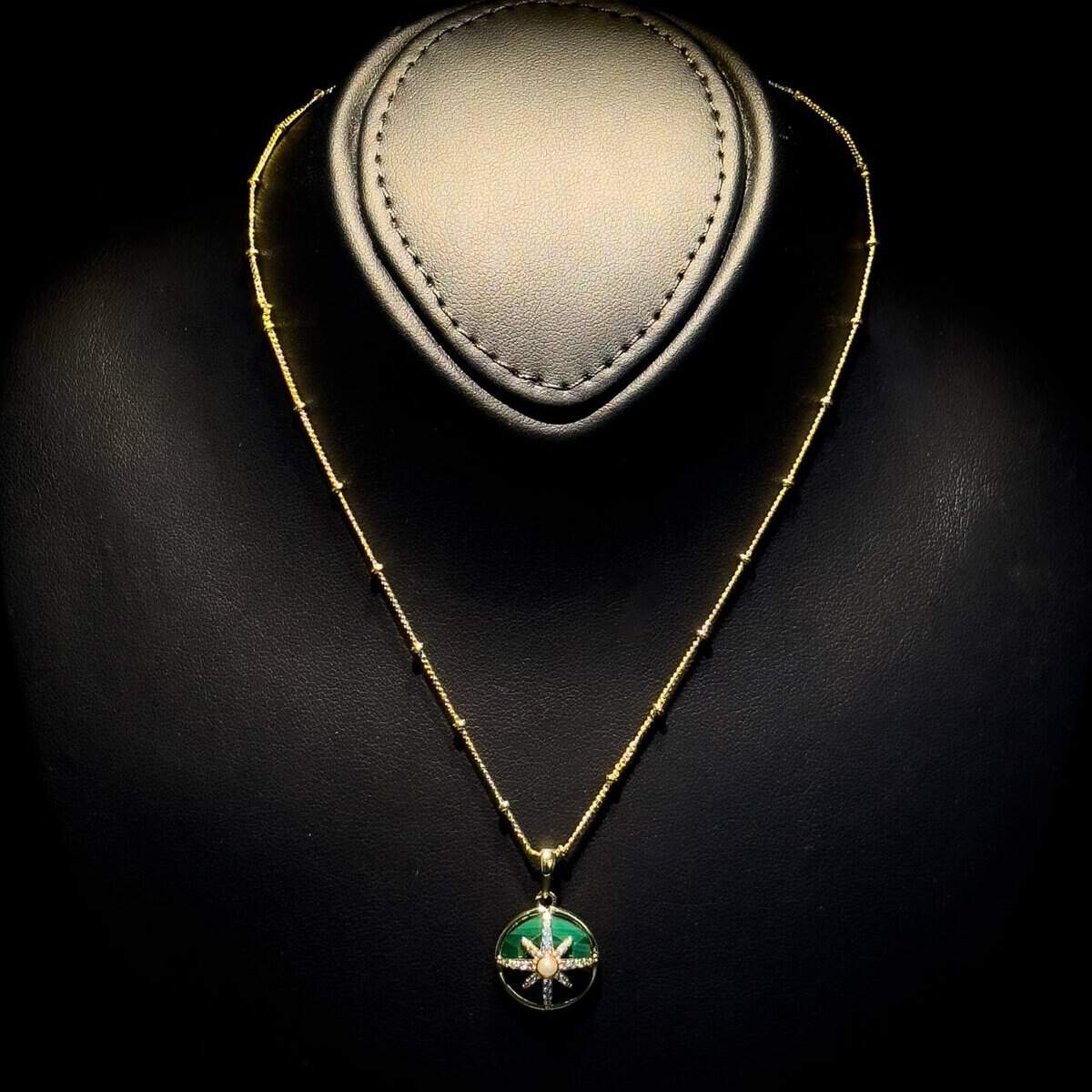 Omnia Afiya Necklace in Malachite Stone in High Quality Zircon Stone in Rhodium Plated