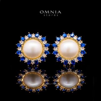Omnia Celeste White Mabel Pearl Halo Stud Earrings with Blue Sapphire Accents in Brass with Gold Plated Finish - White
