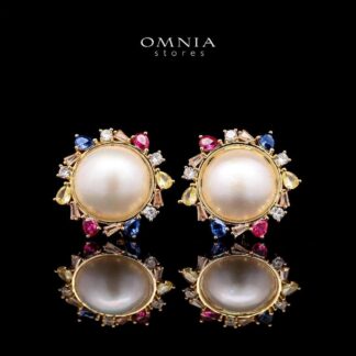 Omnia Serena White Mabel Pearl Halo Stud Earrings with Multi-Color Zircon Accents in Brass with Gold Plated Finish - MultiColor