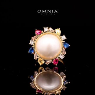 Omnia Serena White Mabel Pearl Halo Ring with Multi-Color Zircon Accents in Brass with Gold Plated Finish - MultiColor