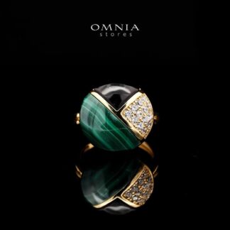 Omnia Selene Malachite and Black Agate Geometric Ring with Zircon Accents in Brass with Gold Plated Finish