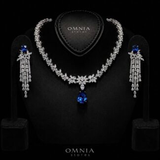 Omnia Vanya Blue Necklace & Earrings Set in 925 Silver with Pear-Cut High-Quality Simulated Diamonds