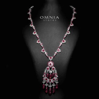 Omnia Nawwar Red and Pink Long Chain Necklace With High Quality Lab Crafted Diamonds In 925 Silver