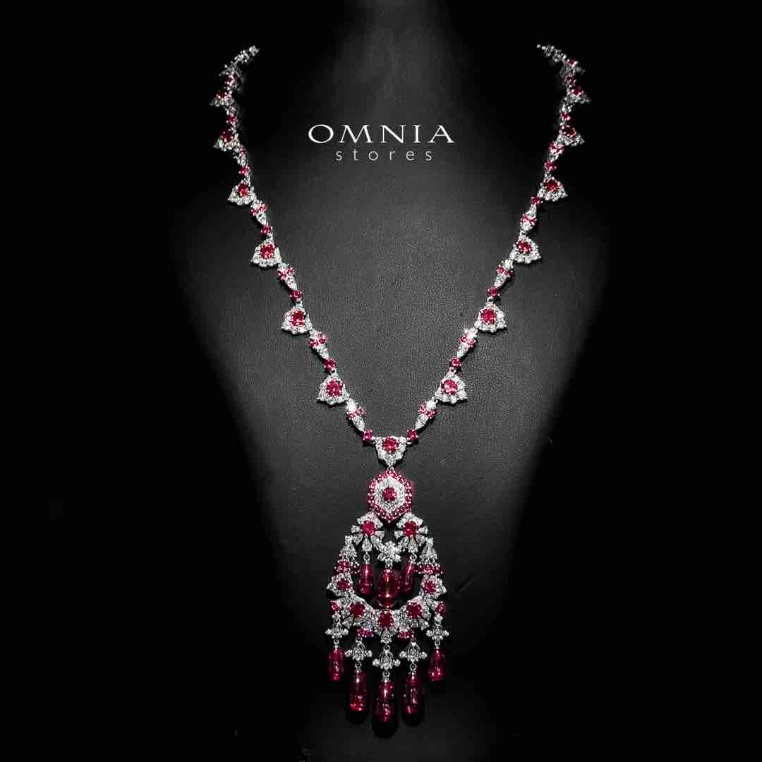 Omnia Nawwar Red and Pink Long Chain Necklace With High Quality Lab Crafted Diamonds In 925 Silver