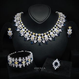 Omnia Dema Blue and Yellow Bridal Full Set in High Quality Zircon Stone Rhodium Plated
