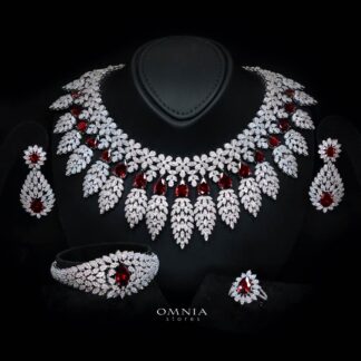 Omnia Asrar Red Bridal Full Set in High Quality Zircon Stone Rhodium Plated