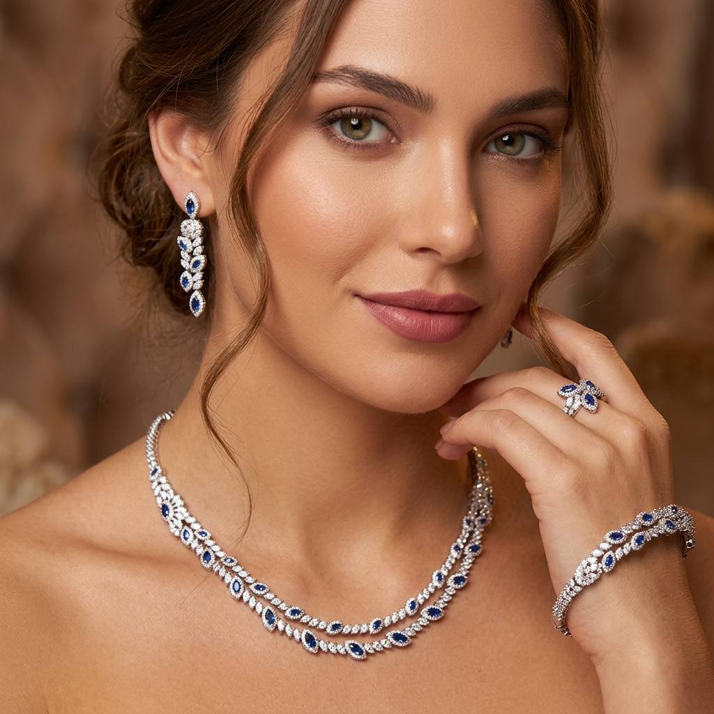 Omnia Nada Blue Bridal Full Set in High Quality Zircon Stone Rhodium Plated - Image 3
