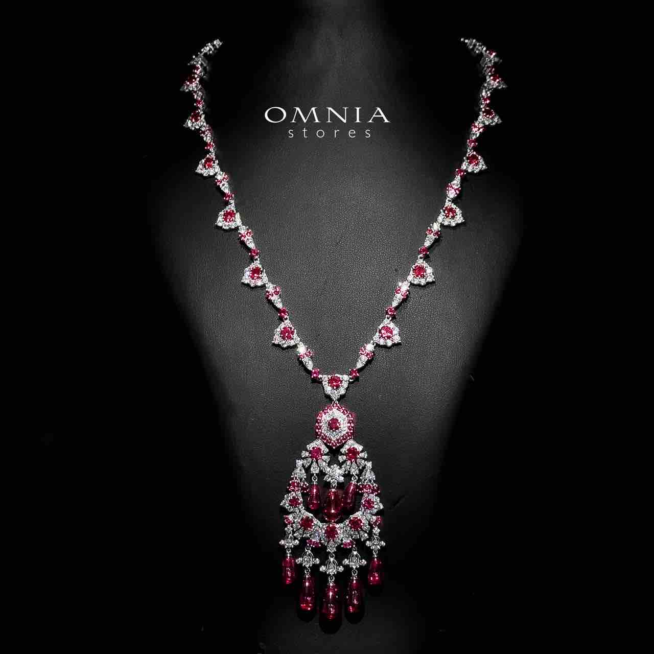 Omnia Nawwar Red and Pink Long Chain Necklace With High Quality Lab Crafted Diamonds In 925 Silver - Image 2