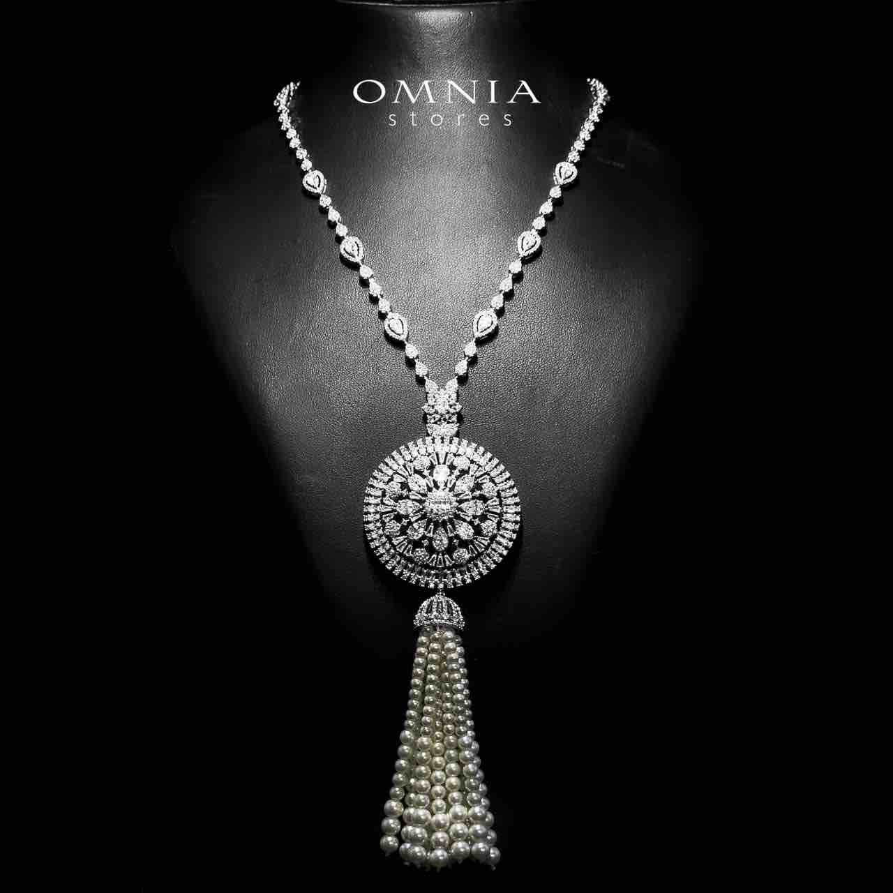 Omnia Darya White Long Chain Pearl necklace and ring in High Quality Zircon Stone in Rhodium Plated