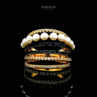 Omnia Inaya Golden Fresh Real Water Pearl Ring In 925 Silver High Quality Simulated Diamonds