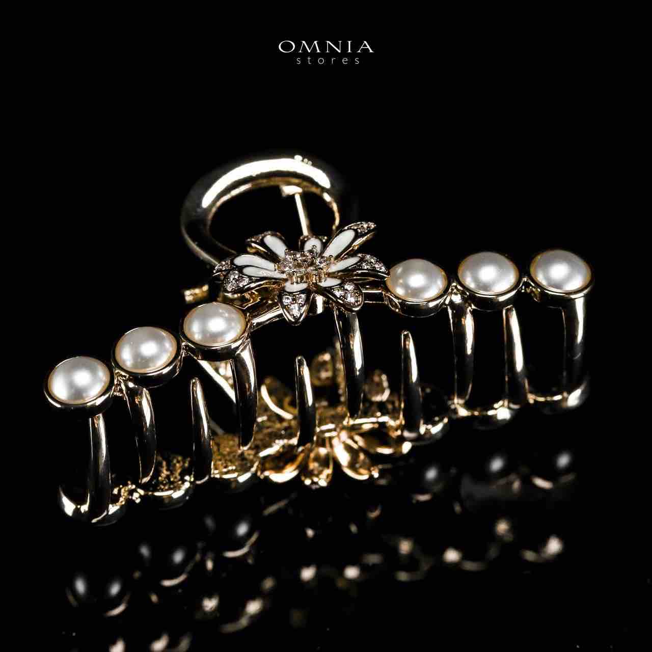 Omnia Ghazala Pearl Flower Design Light Gold Hair Clip in High Quality Zircon Stone In Rhodium Plated - Image 3