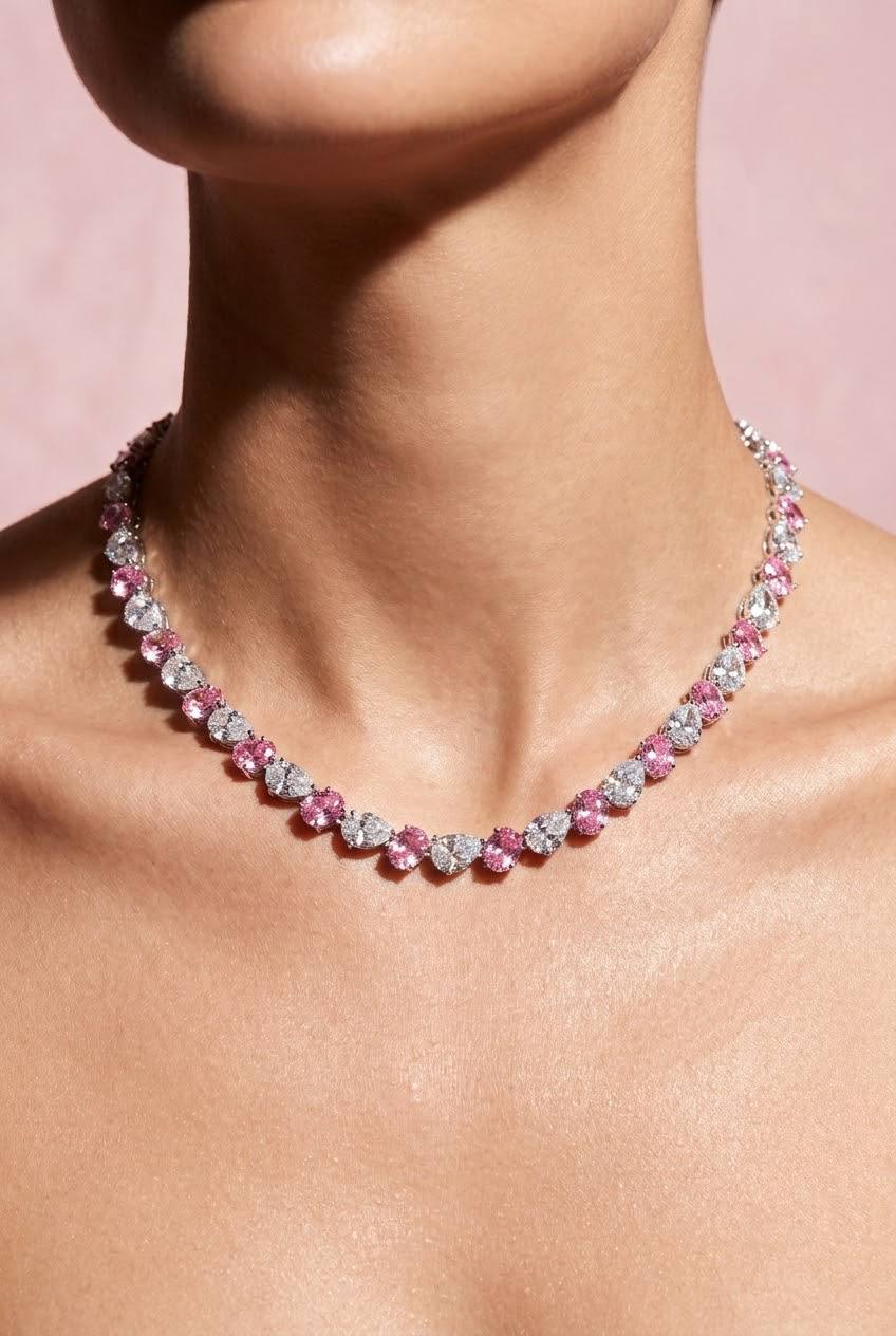 Omnia Lamia White And Pink Bridal Full Set with High-Quality Simulated Diamonds Rhodium Plated - Image 3