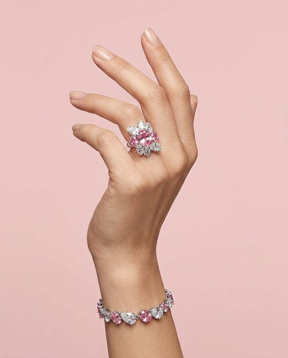 Omnia Lamia White And Pink Bridal Full Set with High-Quality Simulated Diamonds Rhodium Plated - Image 5