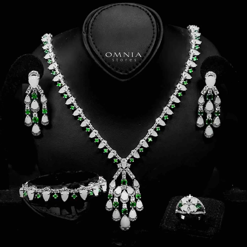 Omnia Salma White and Green Full Set with High-Quality Simulated Diamonds Rhodium Plated (18cm only available in KSA)