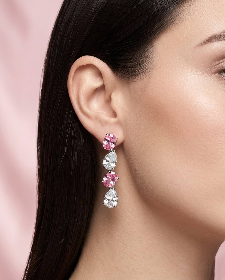 Omnia Lamia White And Pink Bridal Full Set with High-Quality Simulated Diamonds Rhodium Plated - Image 4
