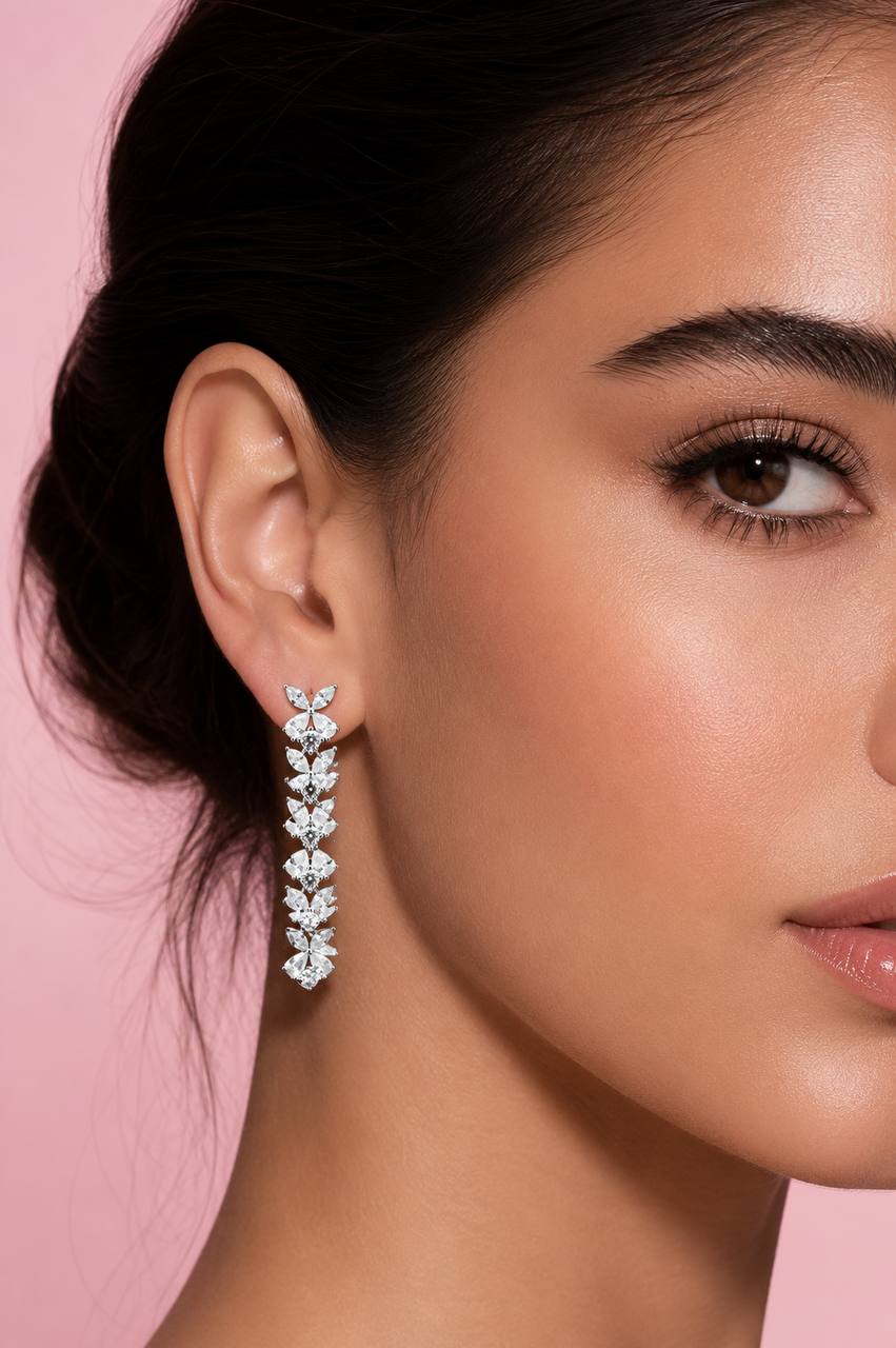 Omnia Cahira Silver Drop Earrings in 925 Silver with High-Quality White Simulated Diamonds - Image 3