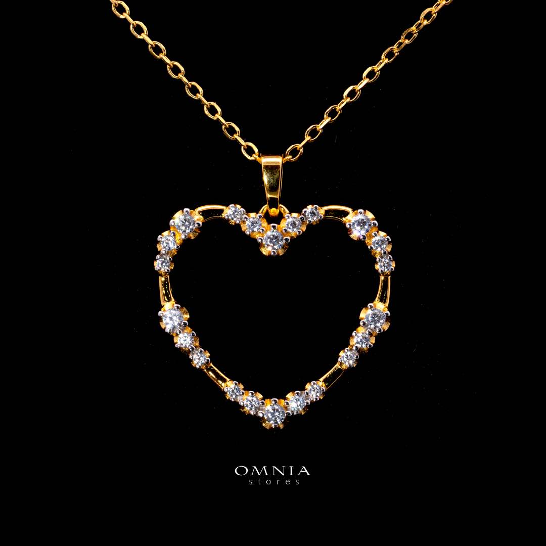 Omnia Bashair Golden Heart Necklace in 925 Silver with High-Quality White Simulated Diamonds