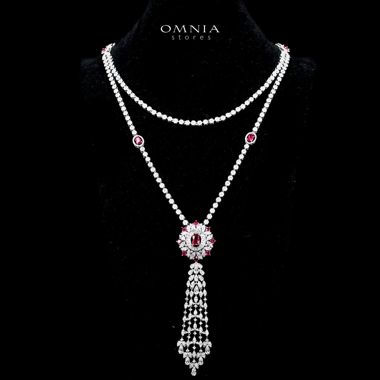 Omnia Ola Red Bridal Long chain Set Accessories in High Quality Zircon Stone Rhodium Plated - Image 2