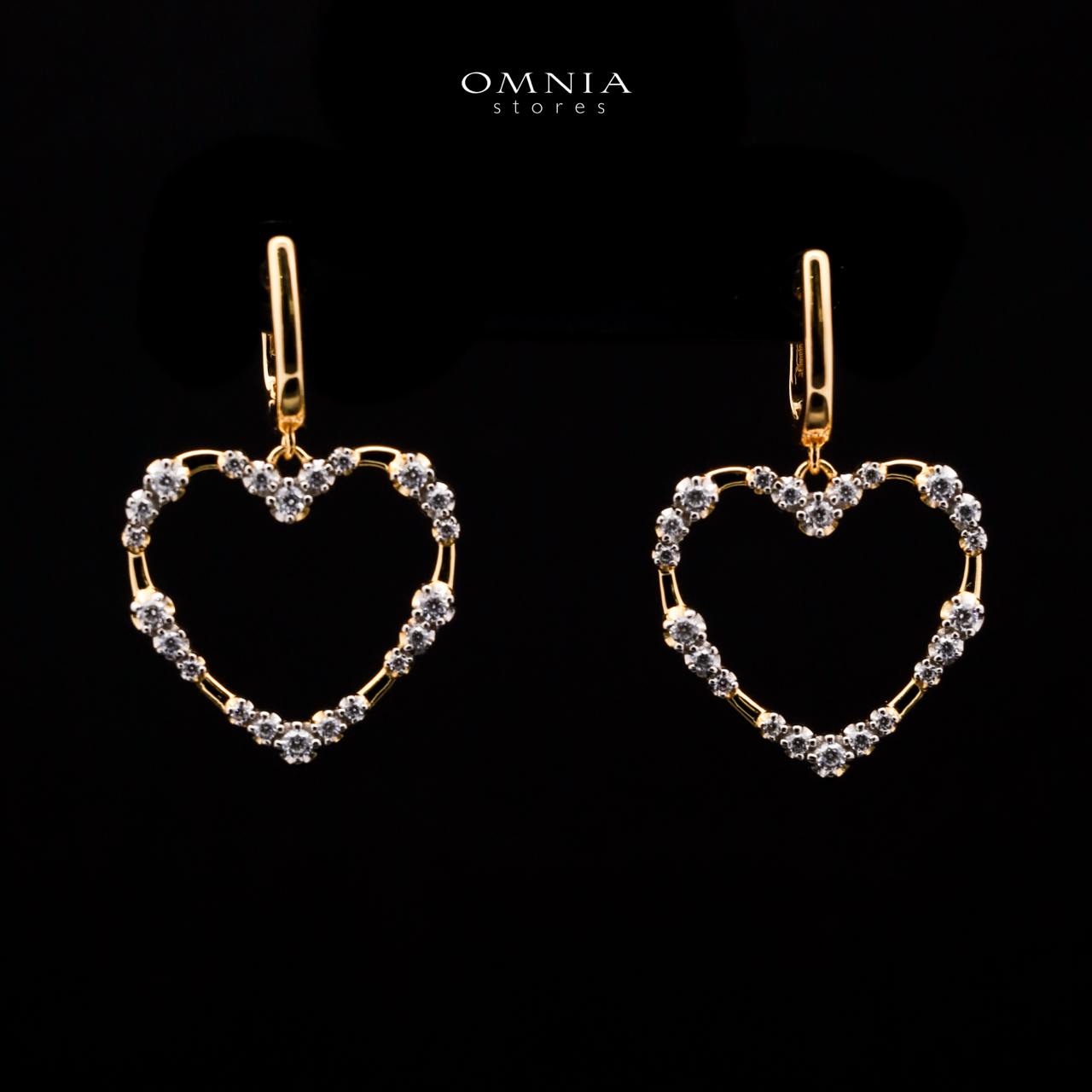 Omnia Bashair Golden Heart Drop Earrings in 925 Silver with High-Quality White Simulated Diamonds