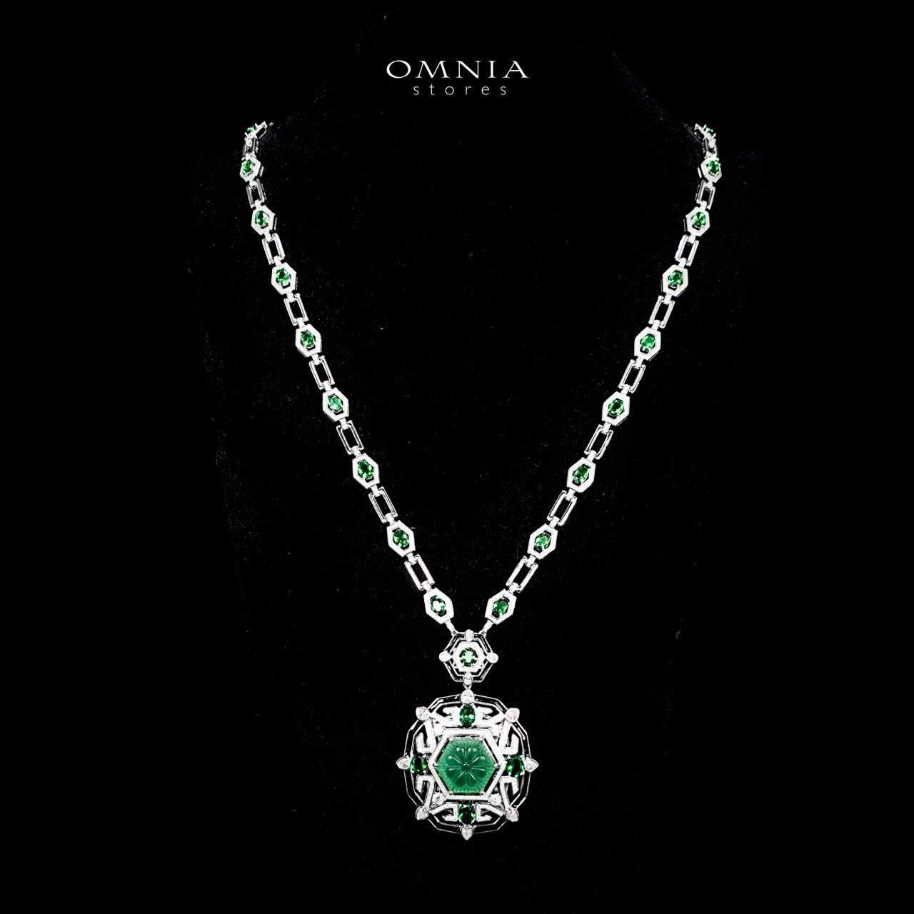 Omnia Siwar Silver Long Chain Necklace and Earrings Set 925 Silver in High Quality Green Simulated Diamonds Stones - Image 3