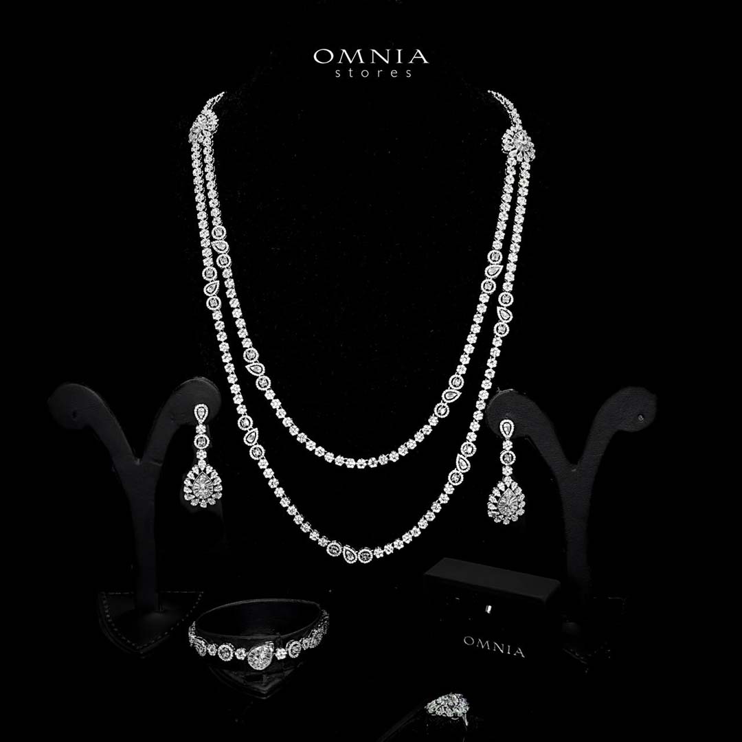 Omnia Ahad Bridal White Long Chain Set In Rhodium Plated With High Quality Zircon Stones