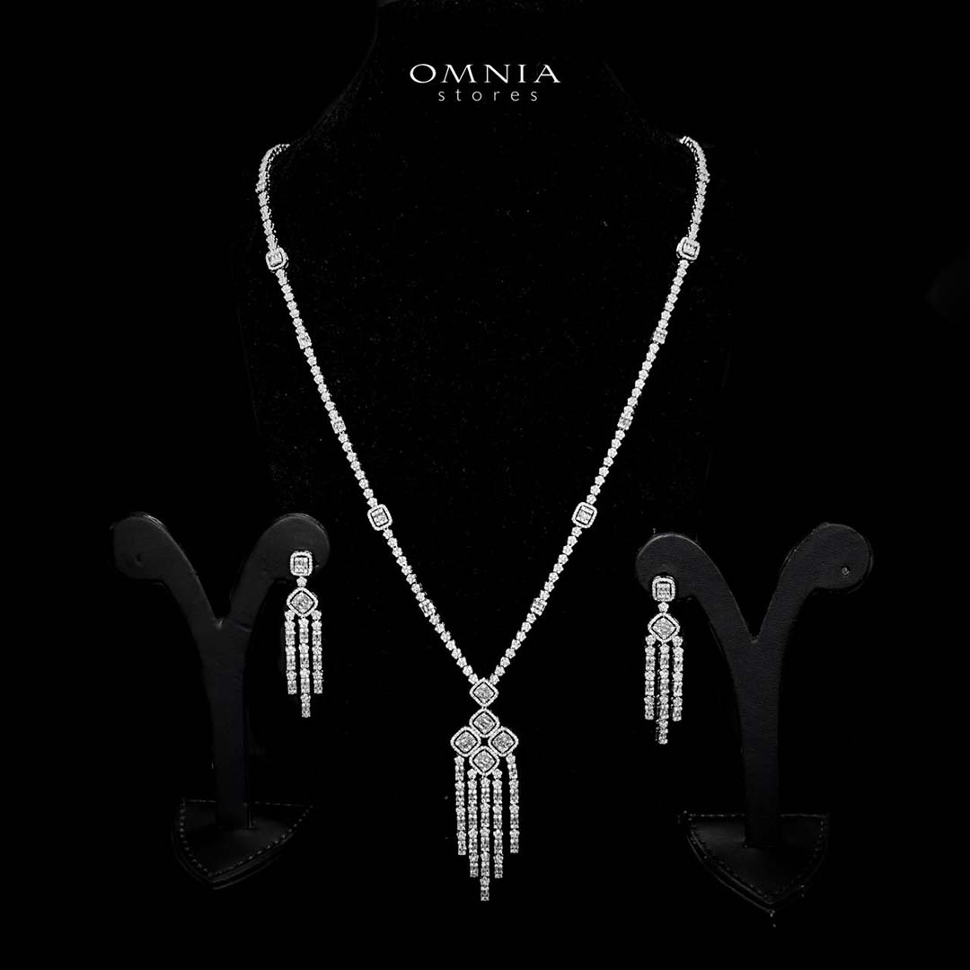 Omnia Ruweya White Bridal Long chain Set In Rhodium Plated with High Quality Zircon Stone