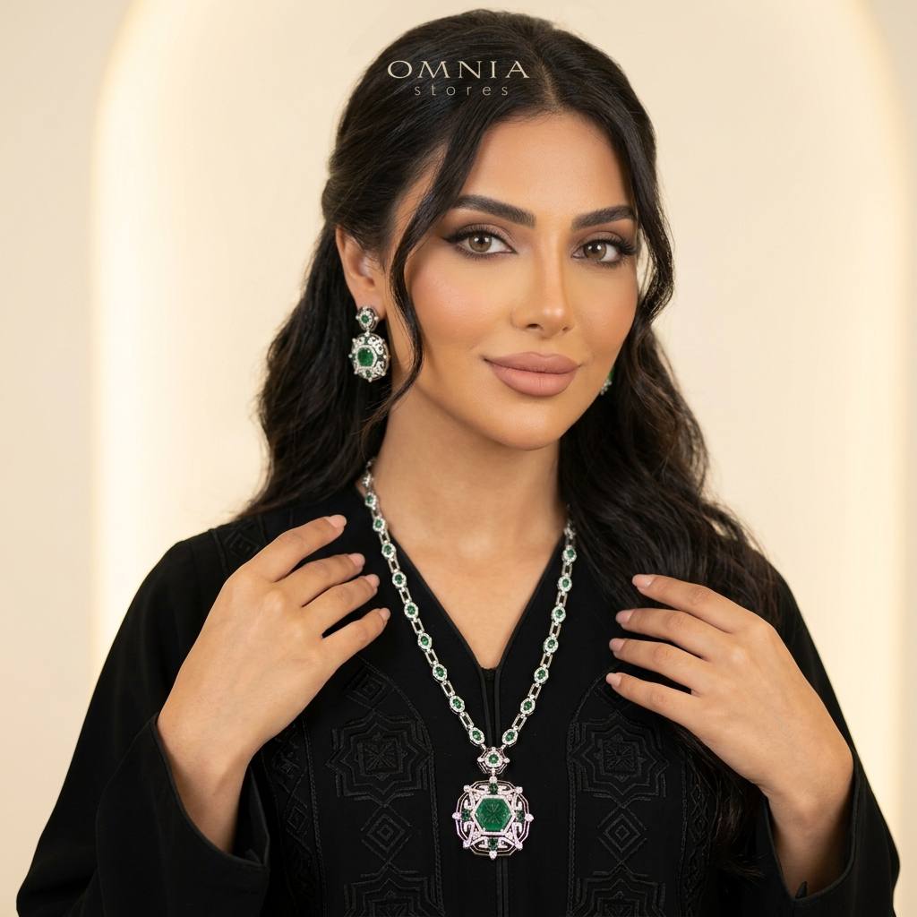 Omnia Siwar Silver Long Chain Necklace and Earrings Set 925 Silver in High Quality Green Simulated Diamonds Stones - Image 2