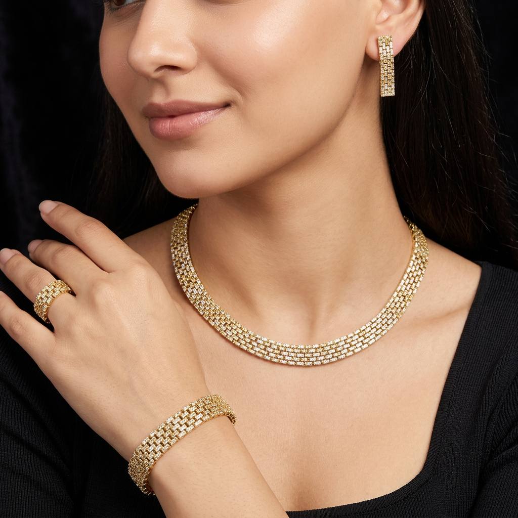 Omnia Zehra Gold Plated Bridal Full Set with Rhodium Plated in High Quality Zircon Stones