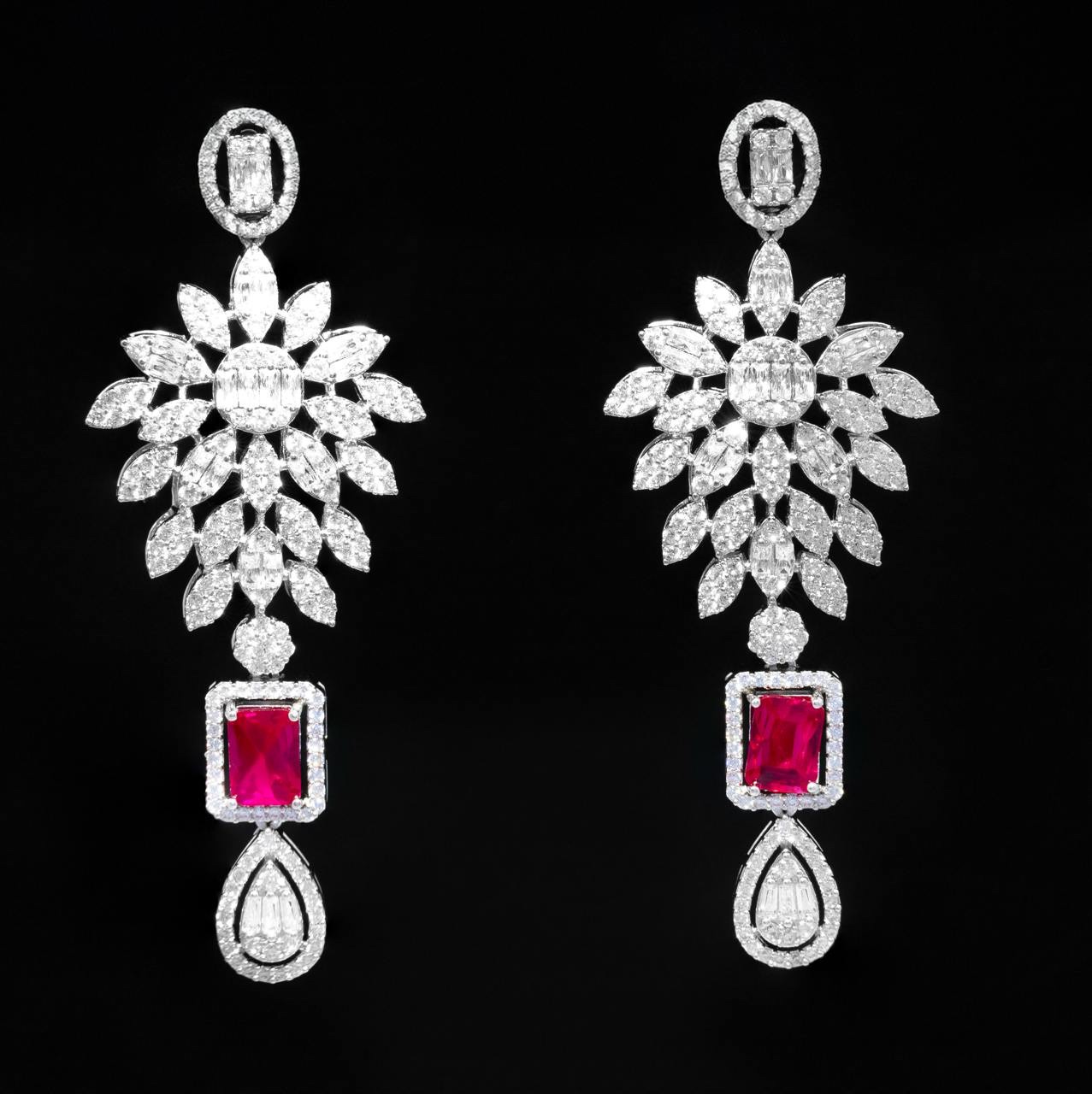 Omnia Duha Red Long Chain Full Set Accessories in High Quality Zircon Stone Rhodium Plated - Image 4