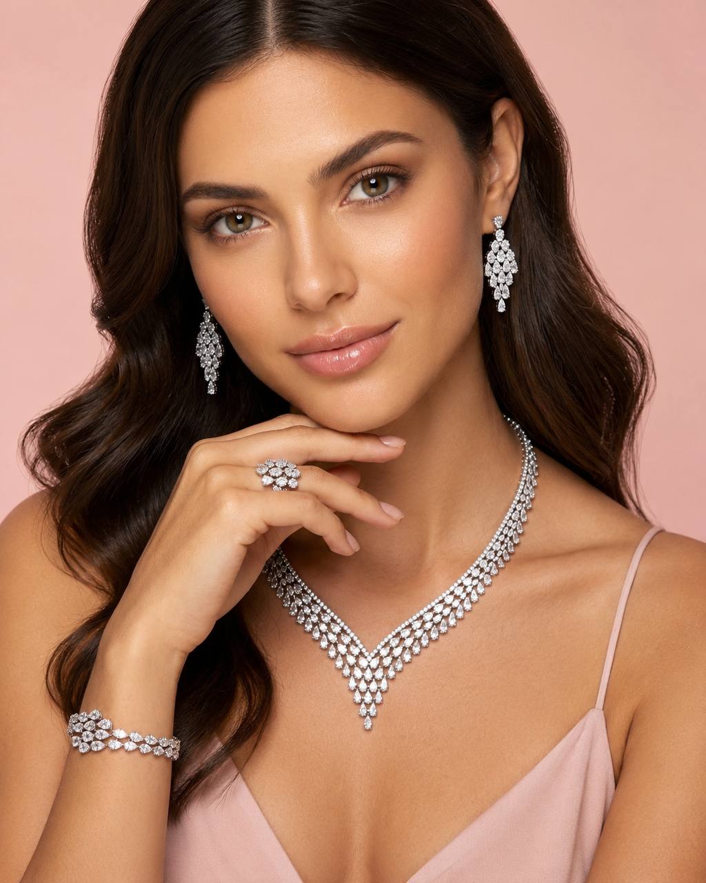 Omnia Dalilah White Luxury Bridal Full Set In Rhodium Plated with High Quality Zircon Stones - Image 3