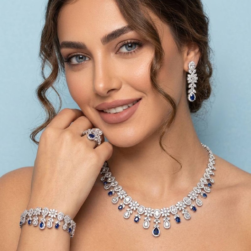 Omnia Trisha Blue Bridal Full Set Accessories in High Quality Zircon Stone Rhodium Plated - Image 2