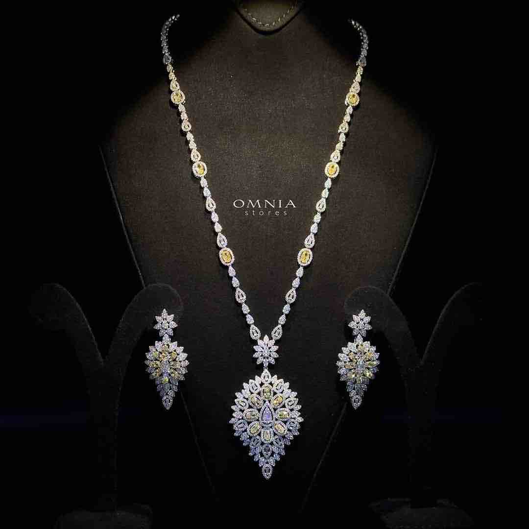 Omnia Hasmaa Yellow Bridal Long chain Set Accessories High Quality Zircon Stone In Rhodium Plated