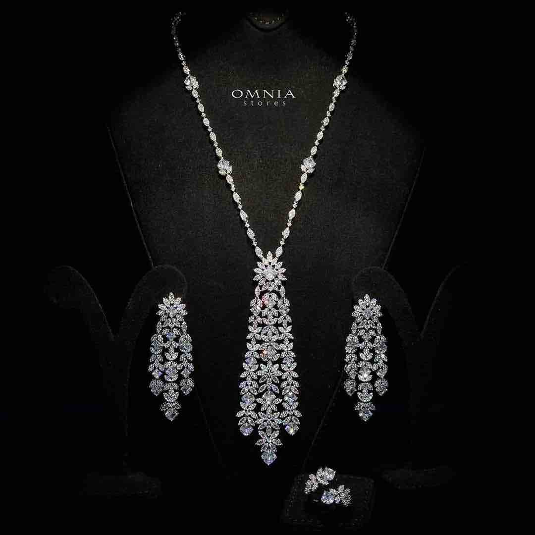Omnia Veronica Bridal Long chain Set Accessories High Quality Zircon Stone In Rhodium Plated (only available in KSA)