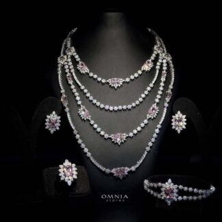 Omnia Blair Pink Luxury Bridal Full Set in High Quality Simulated Diamond Stones Rhodium Plated